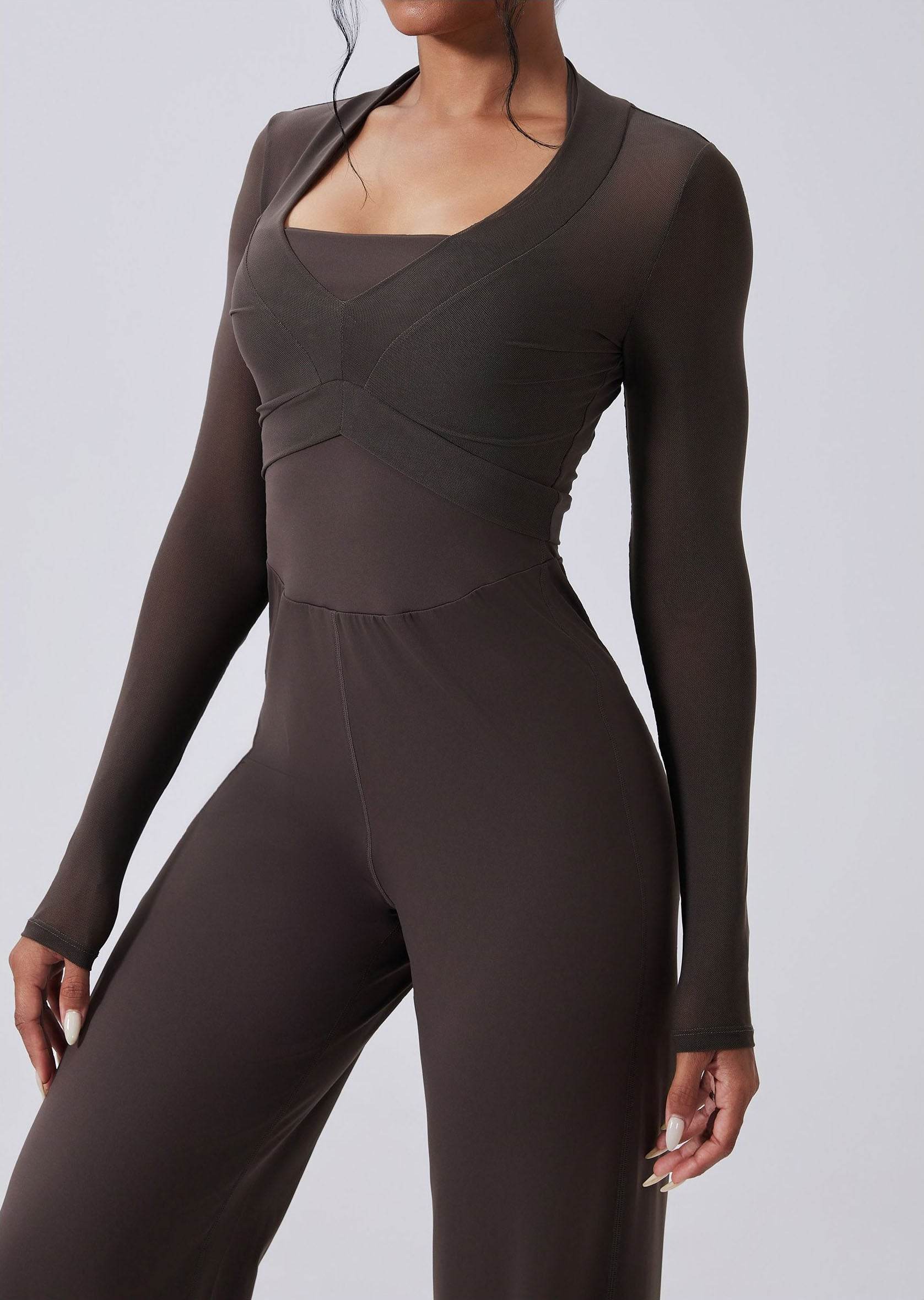 Deep V Long Sleeve Mesh Yoga Crop Tops Slim Fitted Shirts