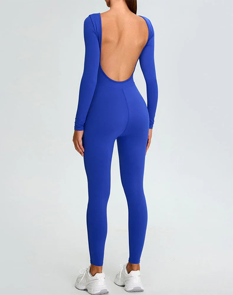 Long Sleeve Backless Workout Jumpsuit One Piece Bodysuit - Klein Blue