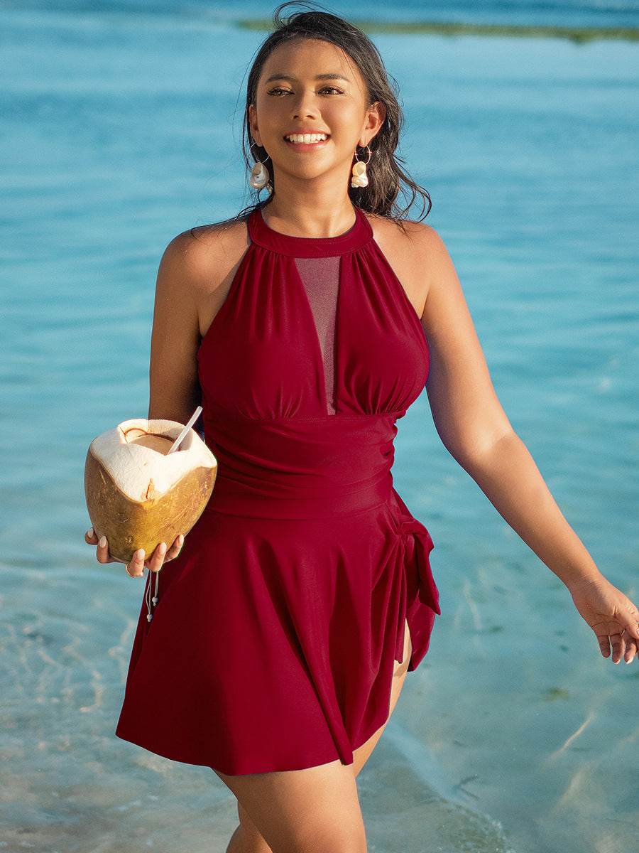 Plus Size Halter Cutout One Piece Swim Dress