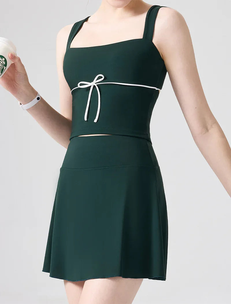 Color Blocked Tennis Sets with Open Back Tank Top and Skirt -