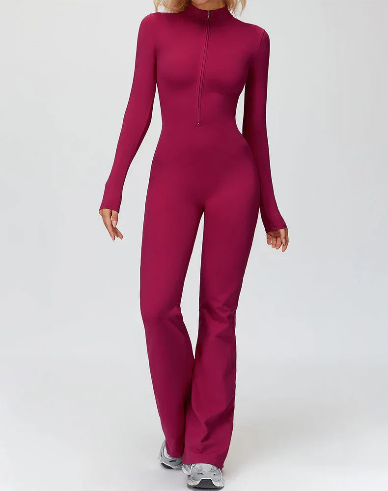 Long Sleeve Flare Workout Jumpsuit Zip Up Wide Leg Bodysuit -