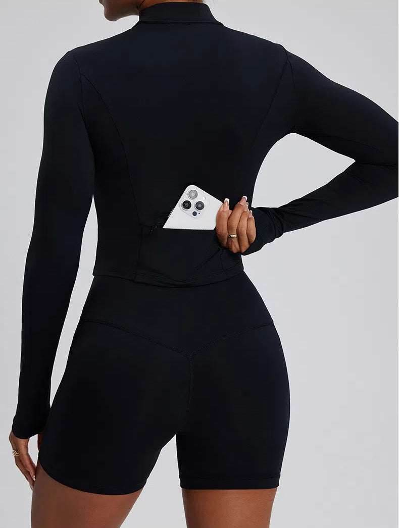 High Waist Fitness Set With Long Sleeve Shirt & Short