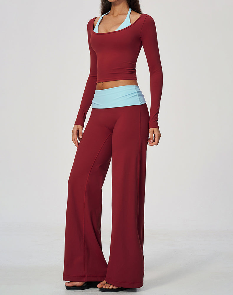2 Piece Long Sleeve Sports T-Shirt and Fold Over Flare Pant