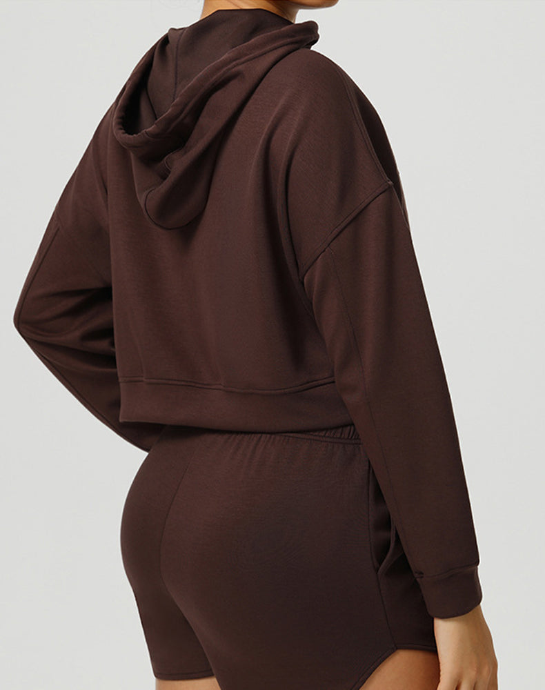 Long Sleeve Hooded Zip Up Casual Crop Coat with Pockets