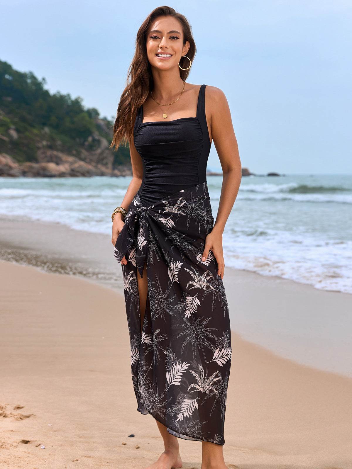 Floral Print One Piece Swimsuit with Cover Up Sarong Skirt