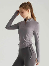 Long Sleeve Standing Collar Fitness T-Shirt With Drawstring