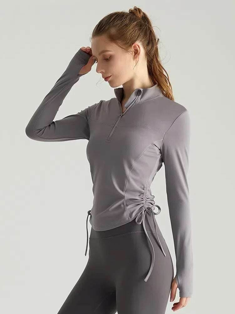 Long Sleeve Standing Collar Fitness T-Shirt With Drawstring