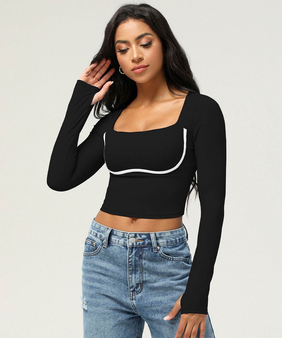Square Neck Long Sleeve Slim Fitted Crop T-Shirt