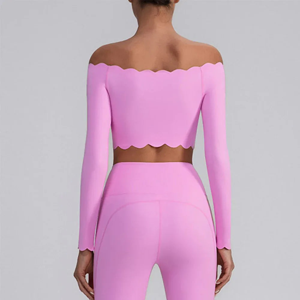Off Shoulder Crop Tops Long Sleeve Shirt with Removable Cups -