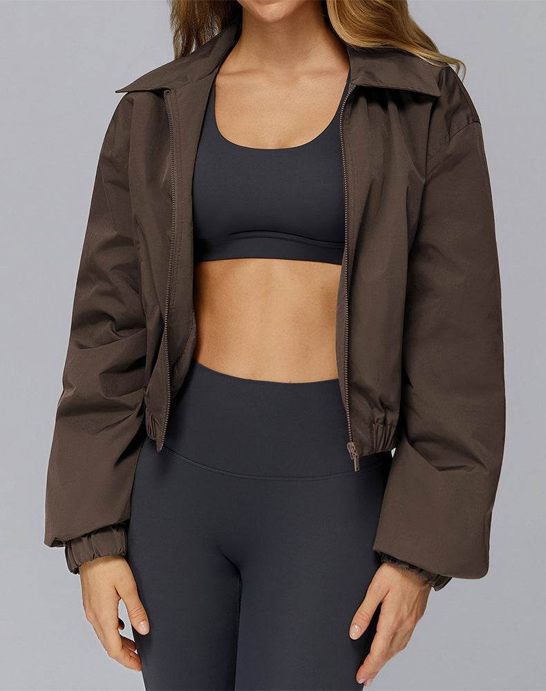 Stand Collar Casual Jacket Long Sleeve Tight Hem Crop Tops -