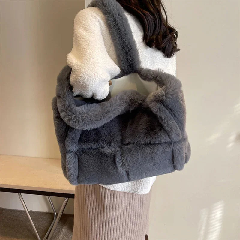 Winter Soft Plush Shoulder Handbag Bag Large Fluffy Tote Bag -