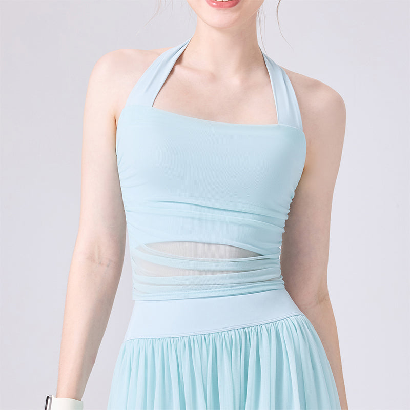 Halter Mesh Crop Tank Top Backless Slim Fit Sleeveless Shirt - Blue