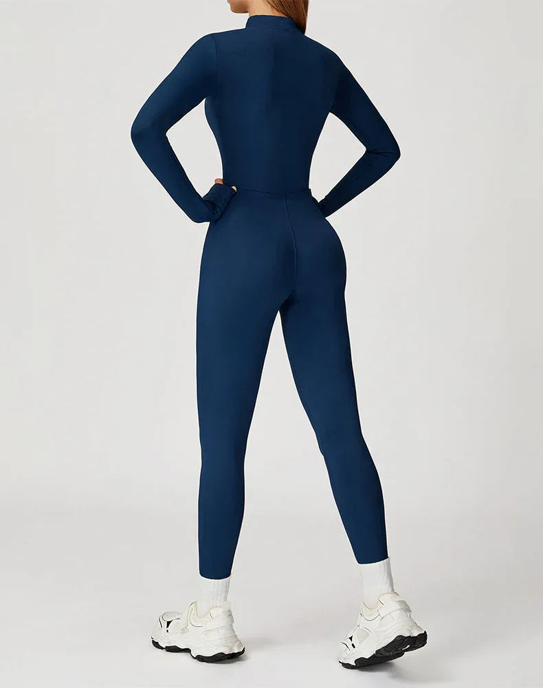 Long Sleeve Workout Jumpsuit Zip Up One Piece Bodysuit -