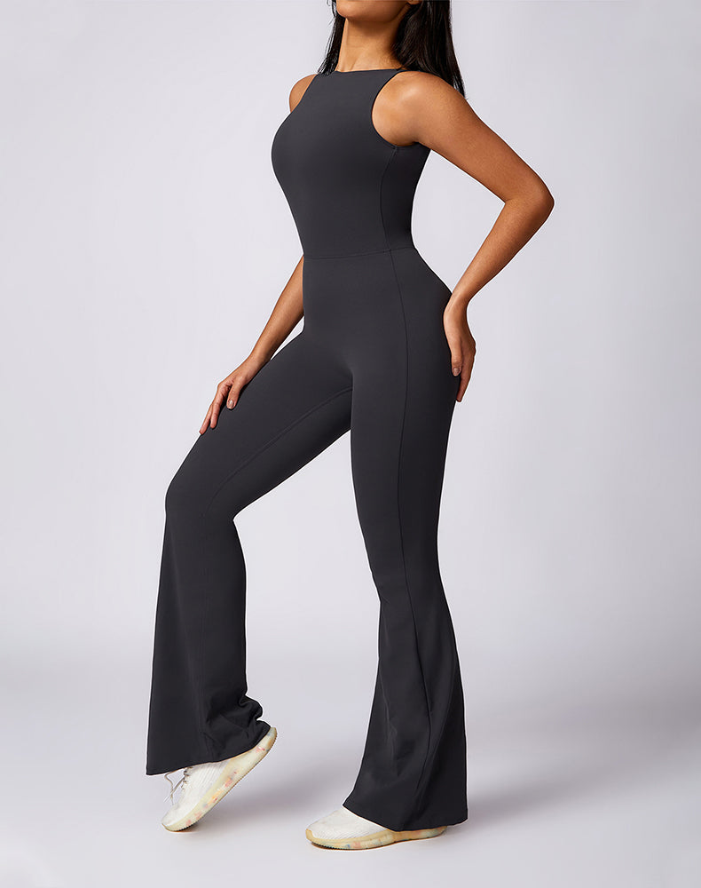 Backless Yoga Flare Jumpsuit Sleeveless Workout Romper