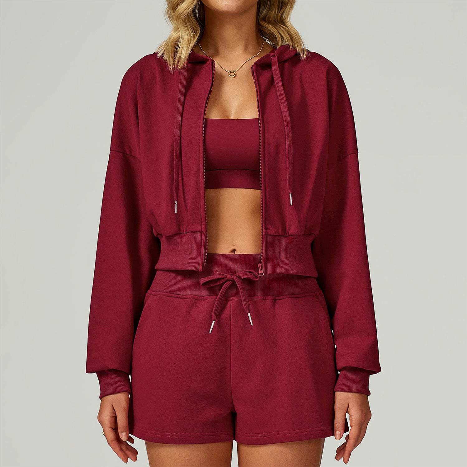 Long Sleeve Full Zip Up Crop Drawstring Hoodie Jacket