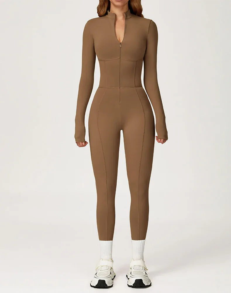 Contour Seams Workout Jumpsuit Zip Up One Piece Bodysuit -