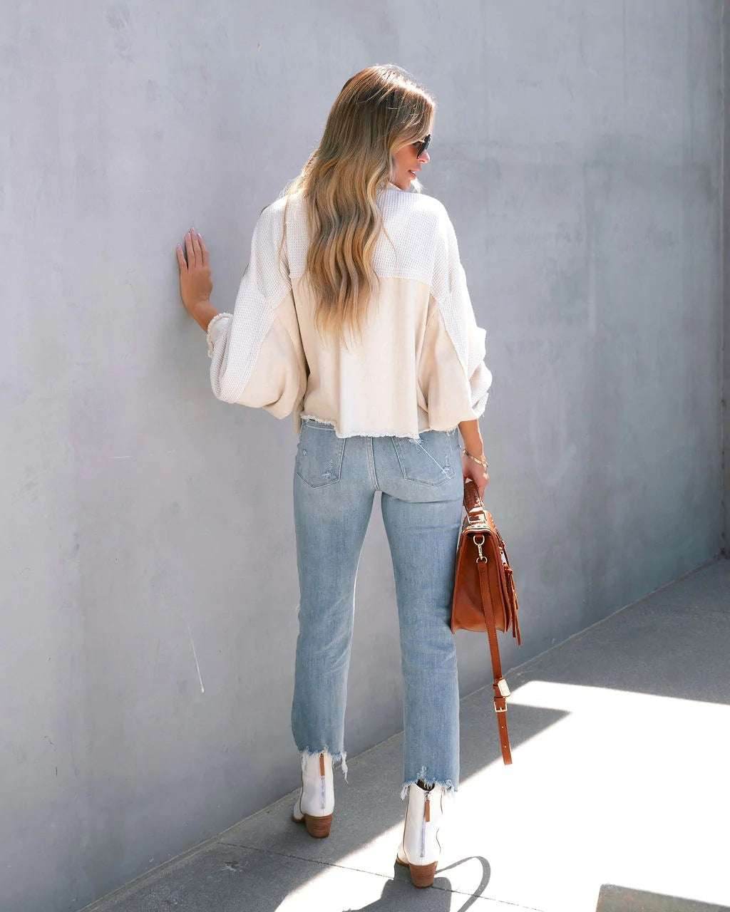 Denim Spliced Waffle Knit Cropped Jacket