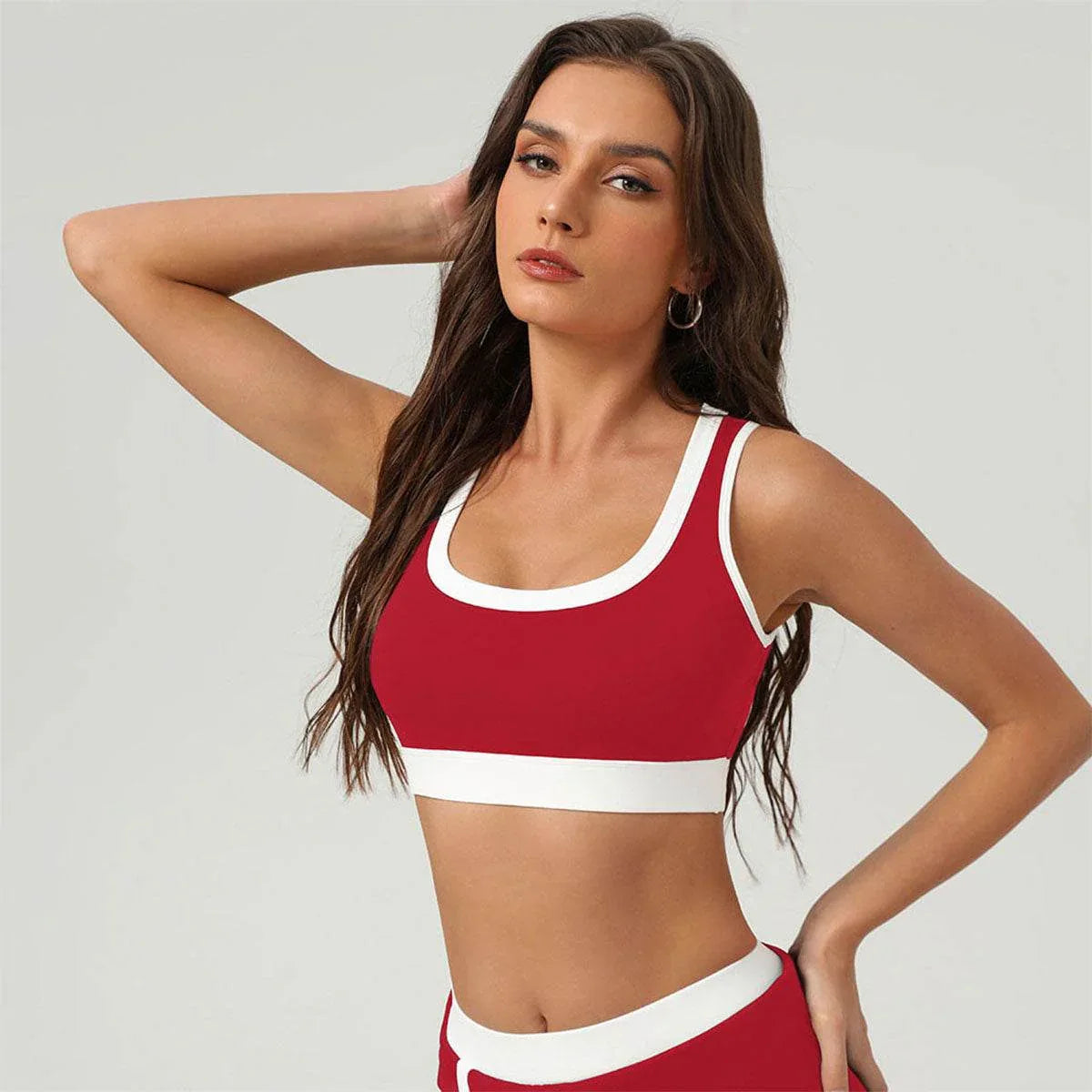 Color Block U Neck Sports Bra Cami Crop Top - Red