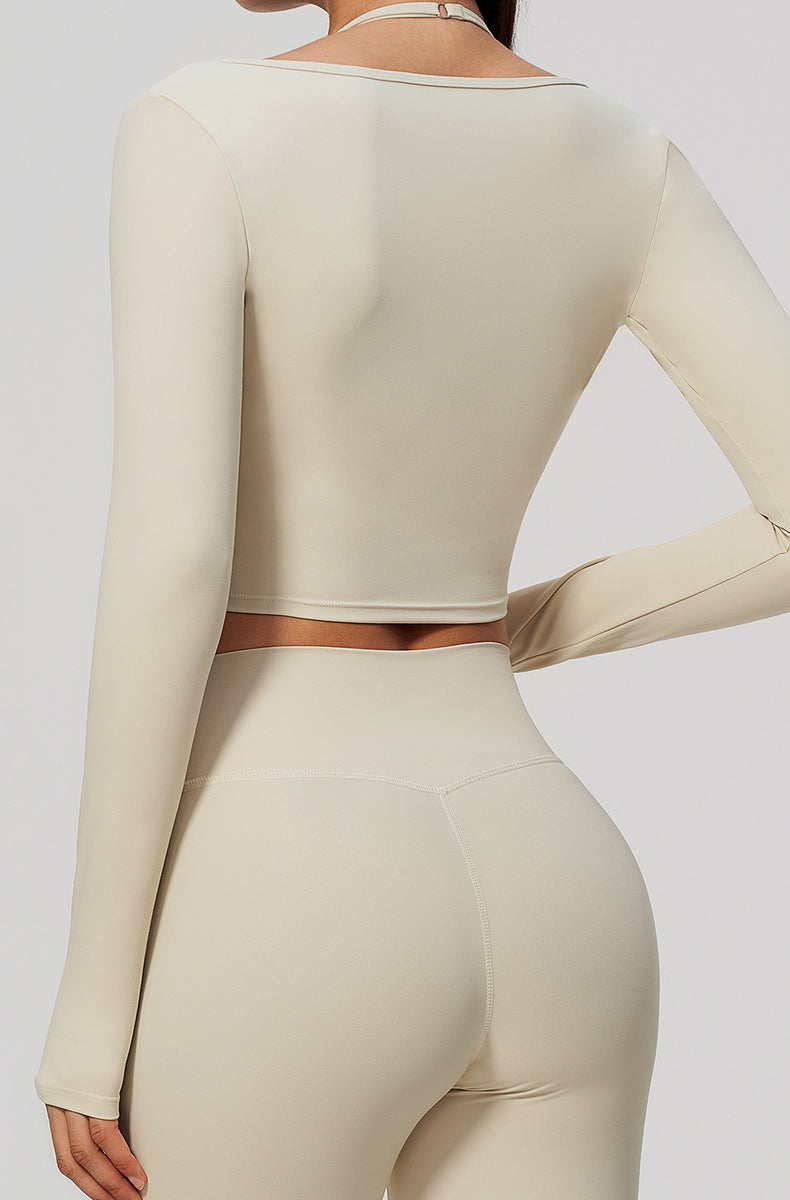 Long Sleeve Twist Front Crop Wrap Top with Sports Bra