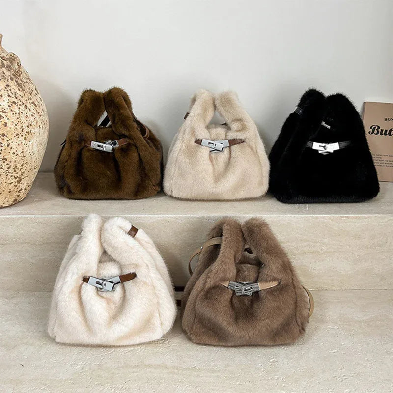 Fuzzy Shoulder Handbag Fluffy Plush Bucket Crossbody Bag -