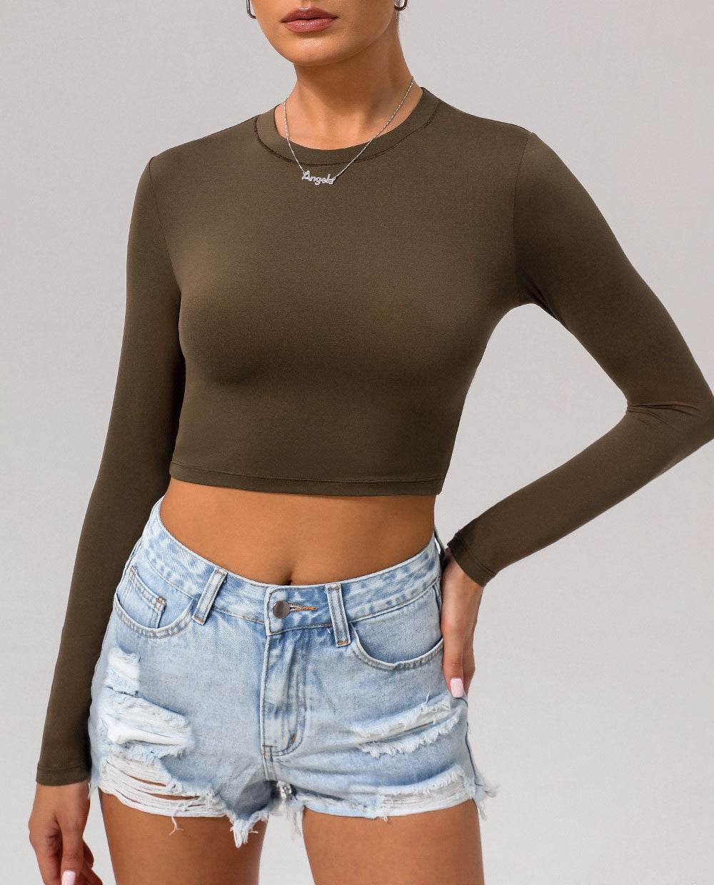 Basic Long Sleeve Fitted Crop Tee Shirt - Dark Brown
