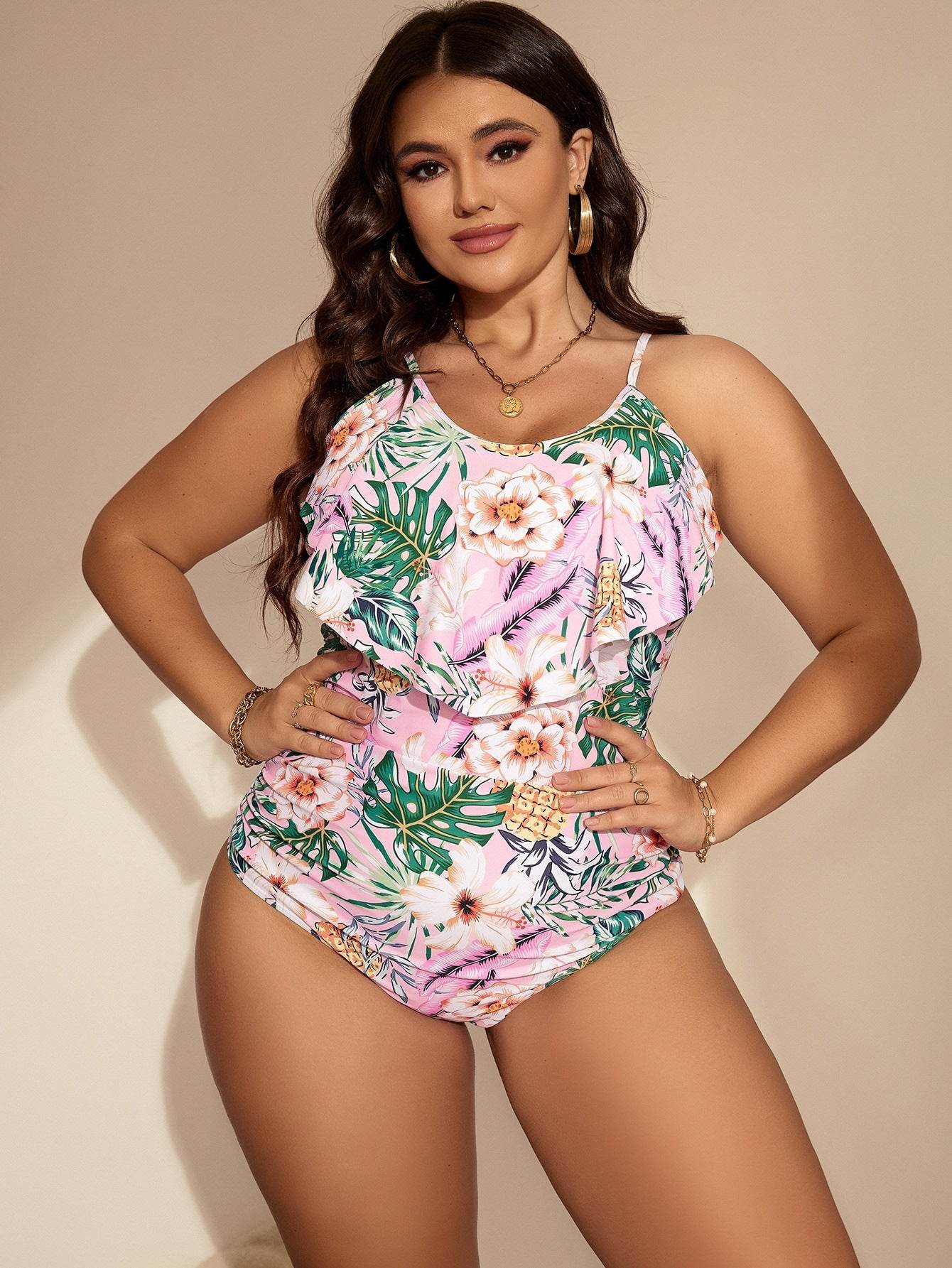 Plus Size One-Piece Printed Ruffle Swimsuit