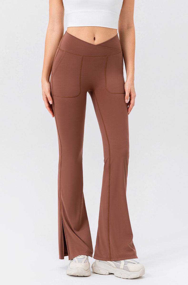 High Waisted Bootcut Flare Yoga Pants with Pockets - Caramel Brown