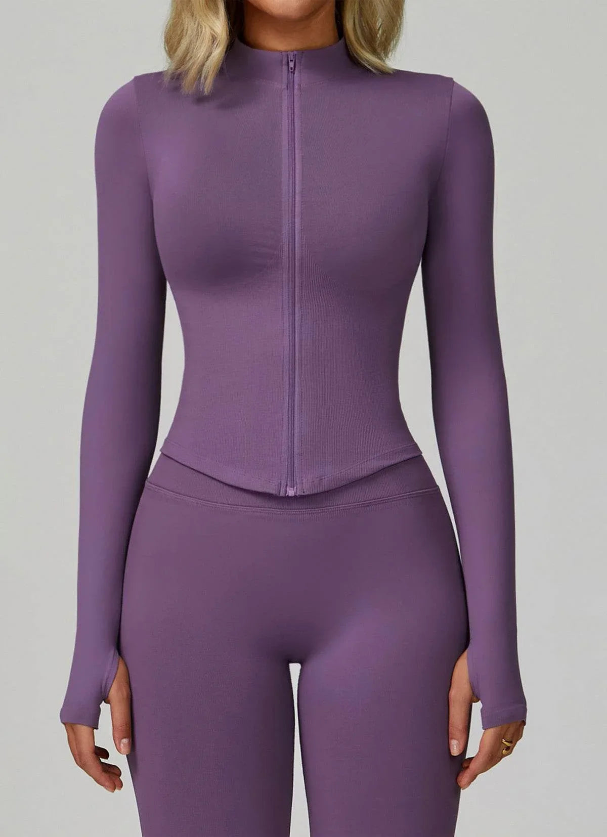 Full Zip Cropped Workout Jacket with Thumb Holes - Purple