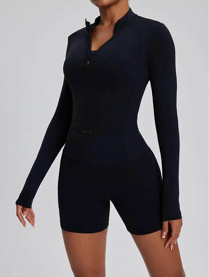 High Waist Fitness Set With Long Sleeve Shirt & Short