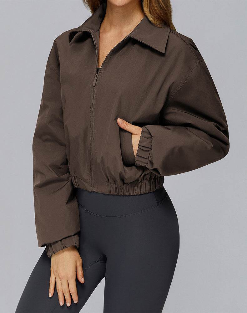 Stand Collar Casual Jacket Long Sleeve Tight Hem Crop Tops -