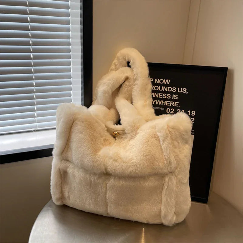 Winter Soft Plush Shoulder Handbag Bag Large Fluffy Tote Bag - Off-White