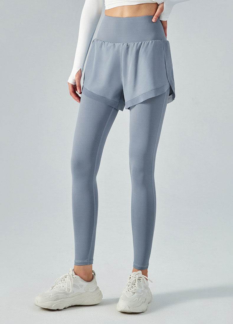 False Two Pieces Sports Leggings with Pockets Shorts