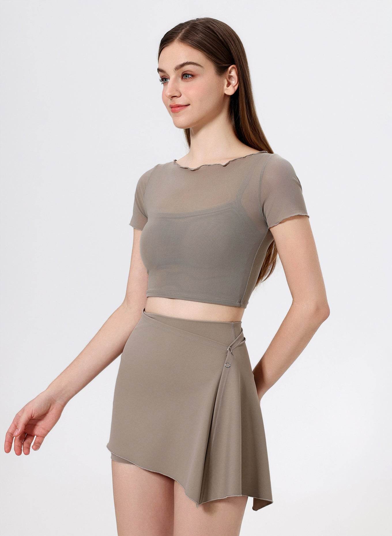 Mesh Sport Crop T-Shirts with Built-in Chest Pad - Almond