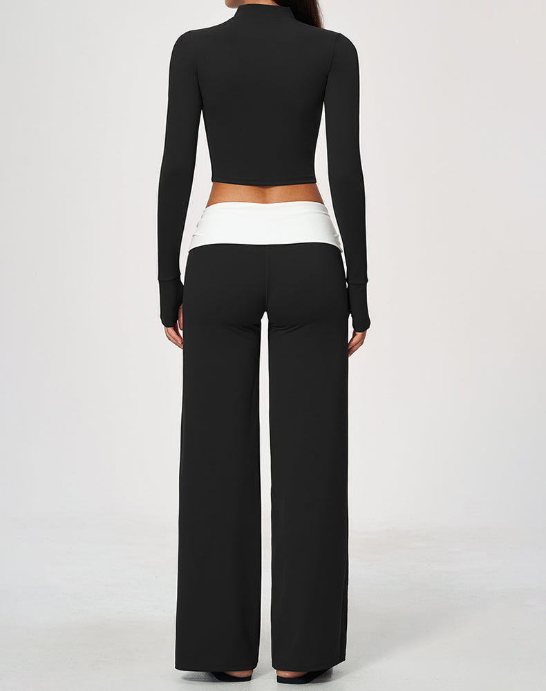 2 Piece Full Zip Cropped Jacket and Fold Over Flare Pant