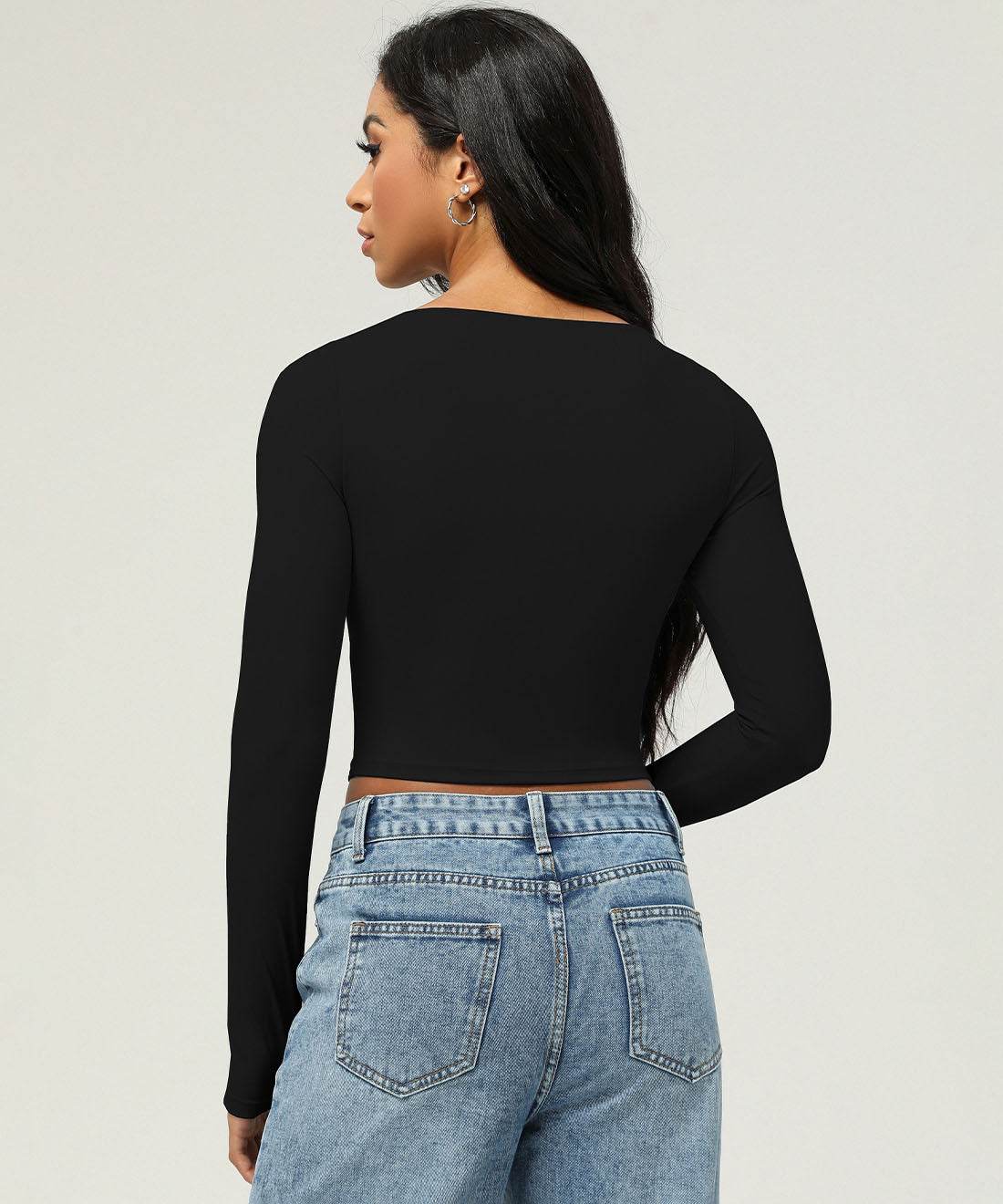 Square Neck Long Sleeve Slim Fitted Crop T-Shirt