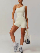 Solid Yoga Set with One Shoulder Tank Top and Short