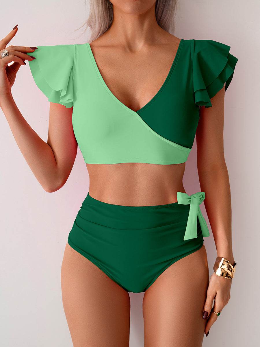 Ruffled Sleeves Color Block Bikini Sets