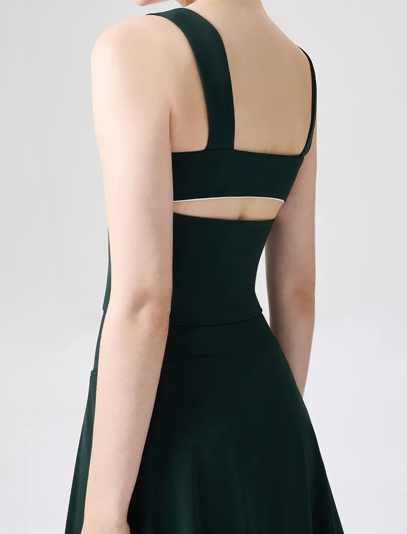 Color Blocked Tank Top Open Back Shirt with Built-in Bra Pad -