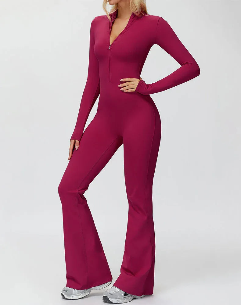 Long Sleeve Flare Workout Jumpsuit Zip Up Wide Leg Bodysuit -