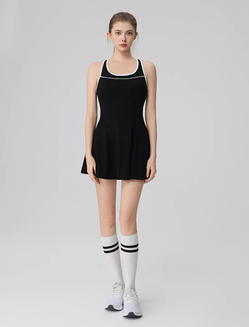 Racerback Tennis Dress with Short Contrast Colors Golf Dress - Black