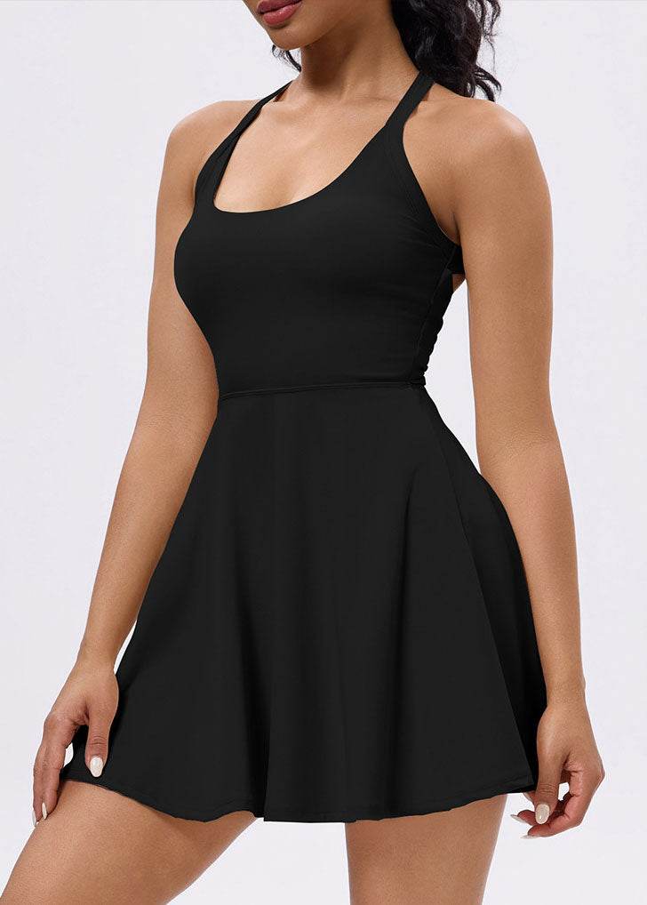 Back Twisted Athletic Dress with Built in Shorts - Black