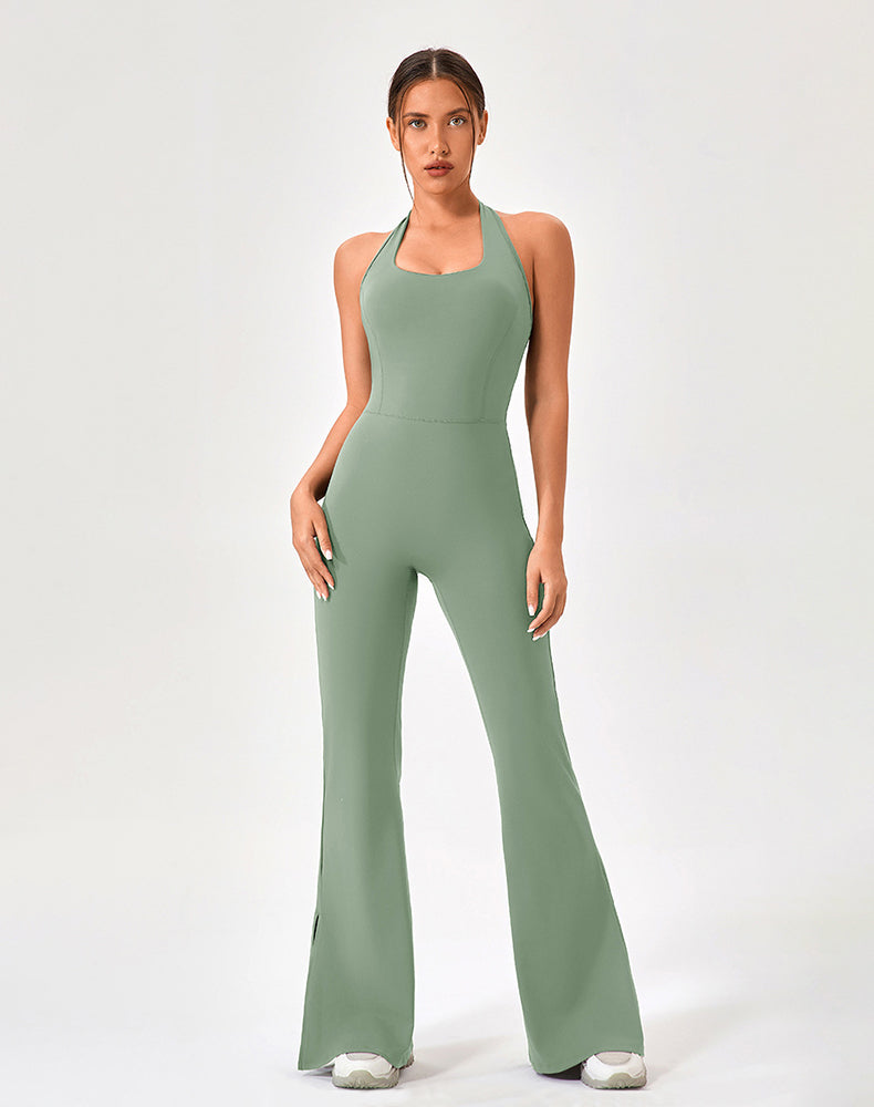 Halter Neck Flare Jumpsuit One Piece Side Split Yoga Rompers