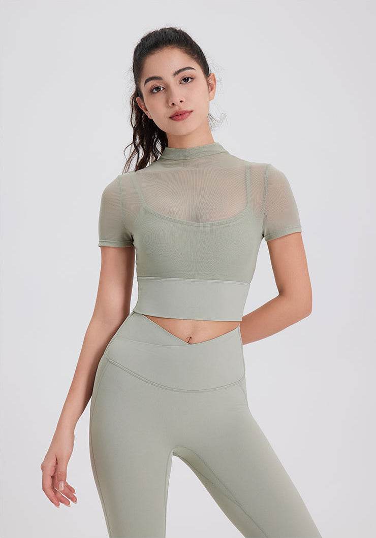 Mesh Fitness Crop T-Shirts with Built-in Chest Pad - Green