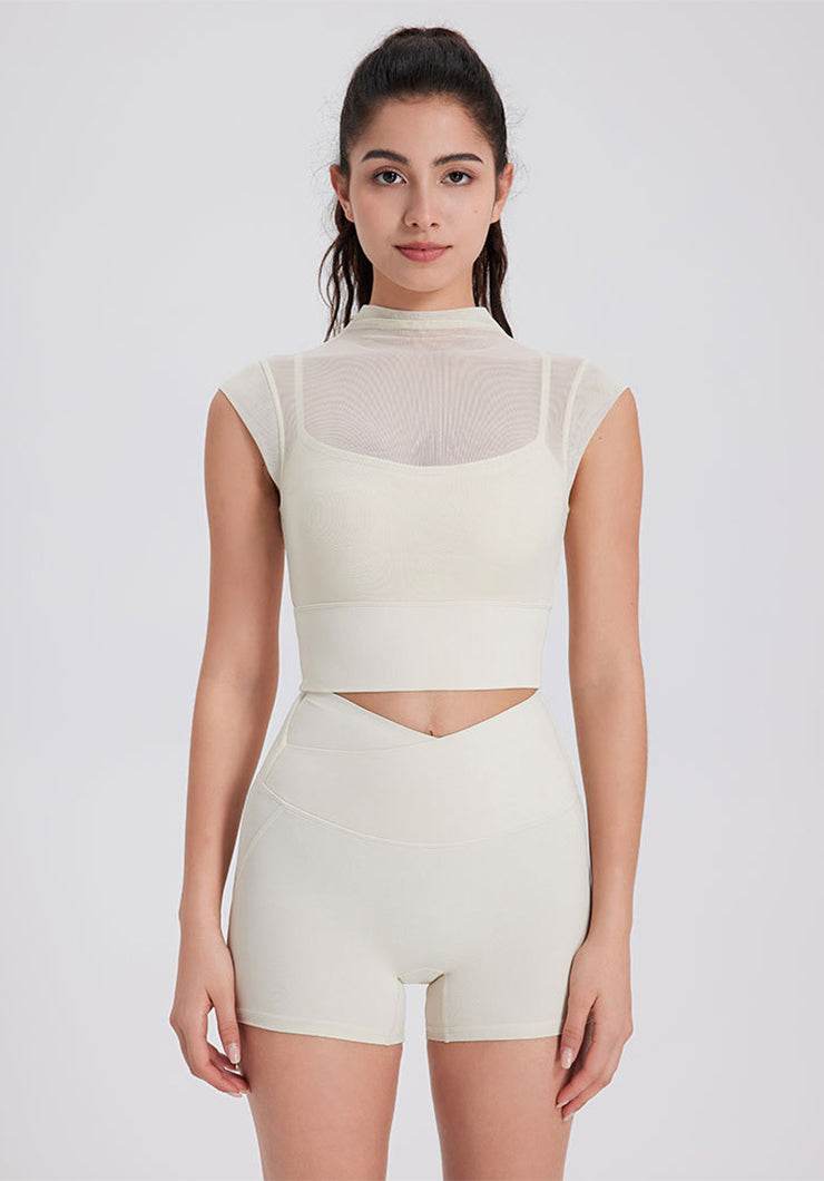 Mesh Yoga Crop T-Shirts with Built-in Chest Pad