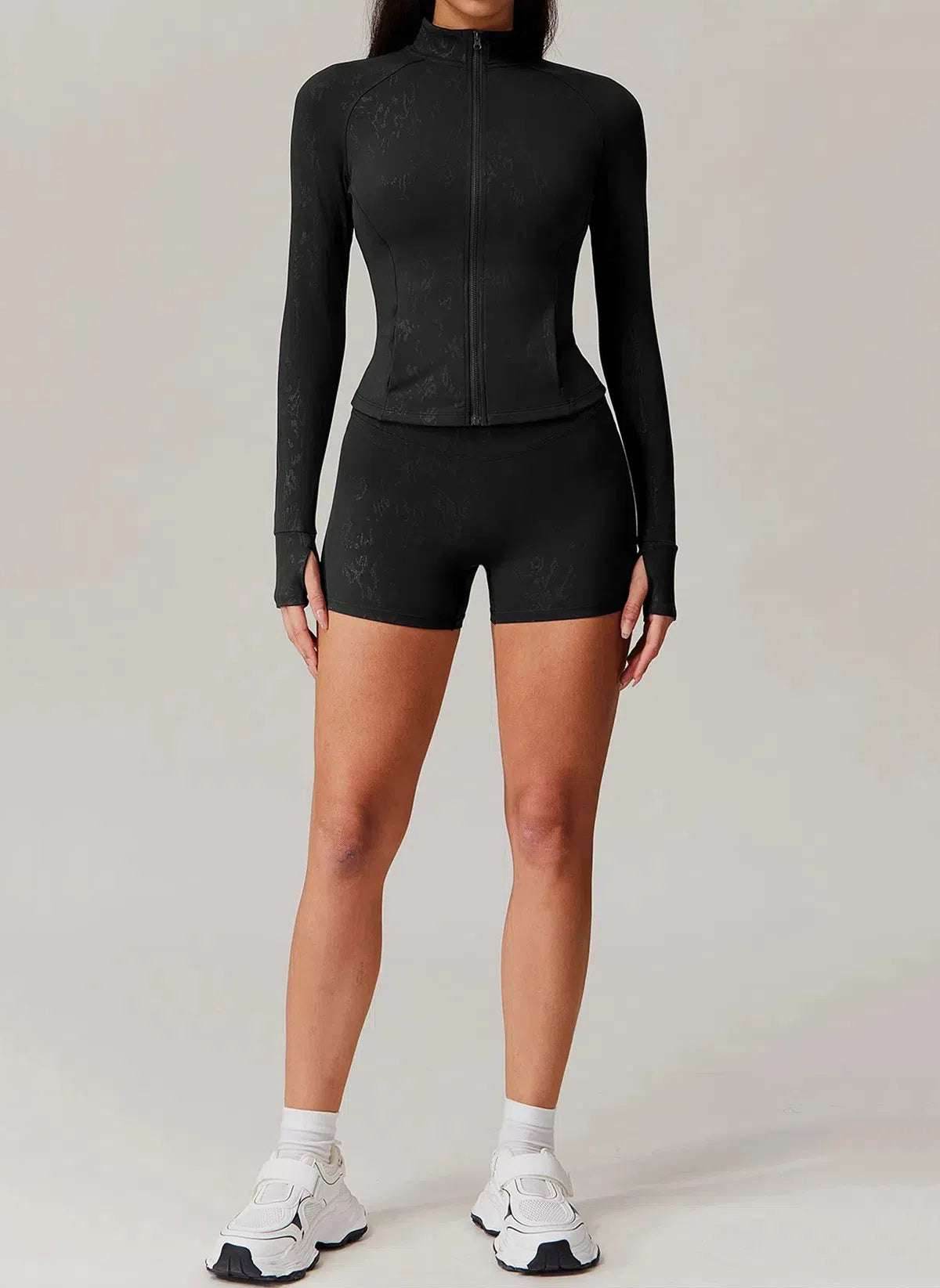 Sports Set with Full Zipper Long Sleeve Jacket and Short