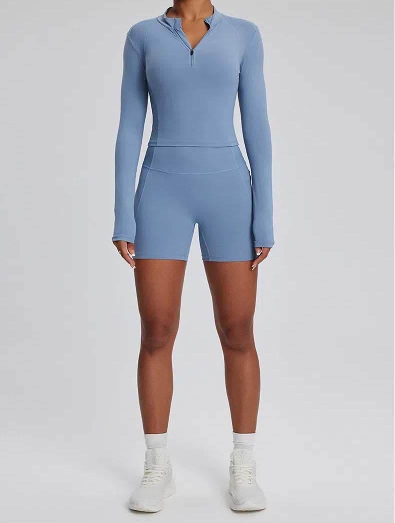 High Waist Fitness Set With Long Sleeve Shirt & Short