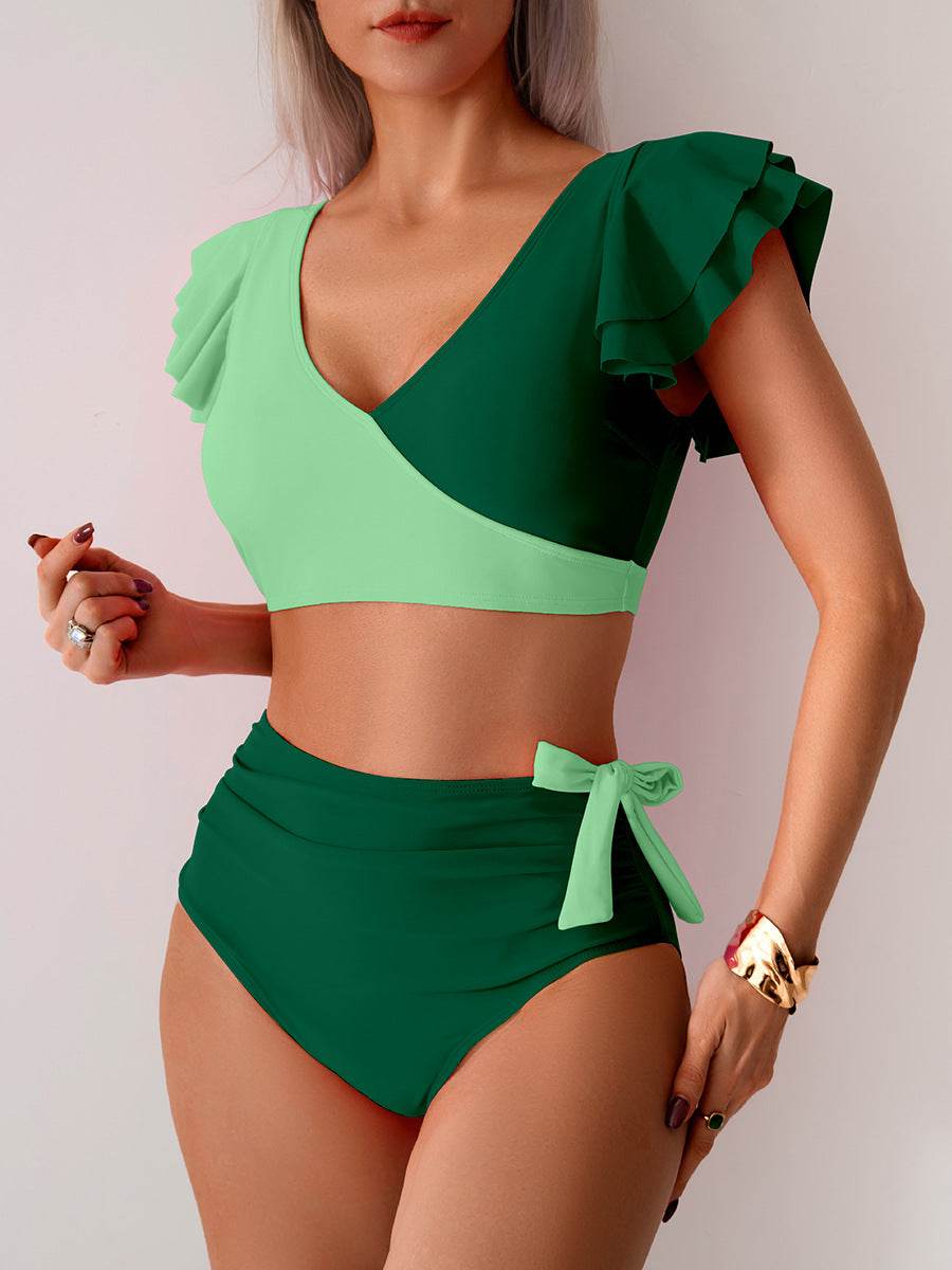 Ruffled Sleeves Color Block Bikini Sets