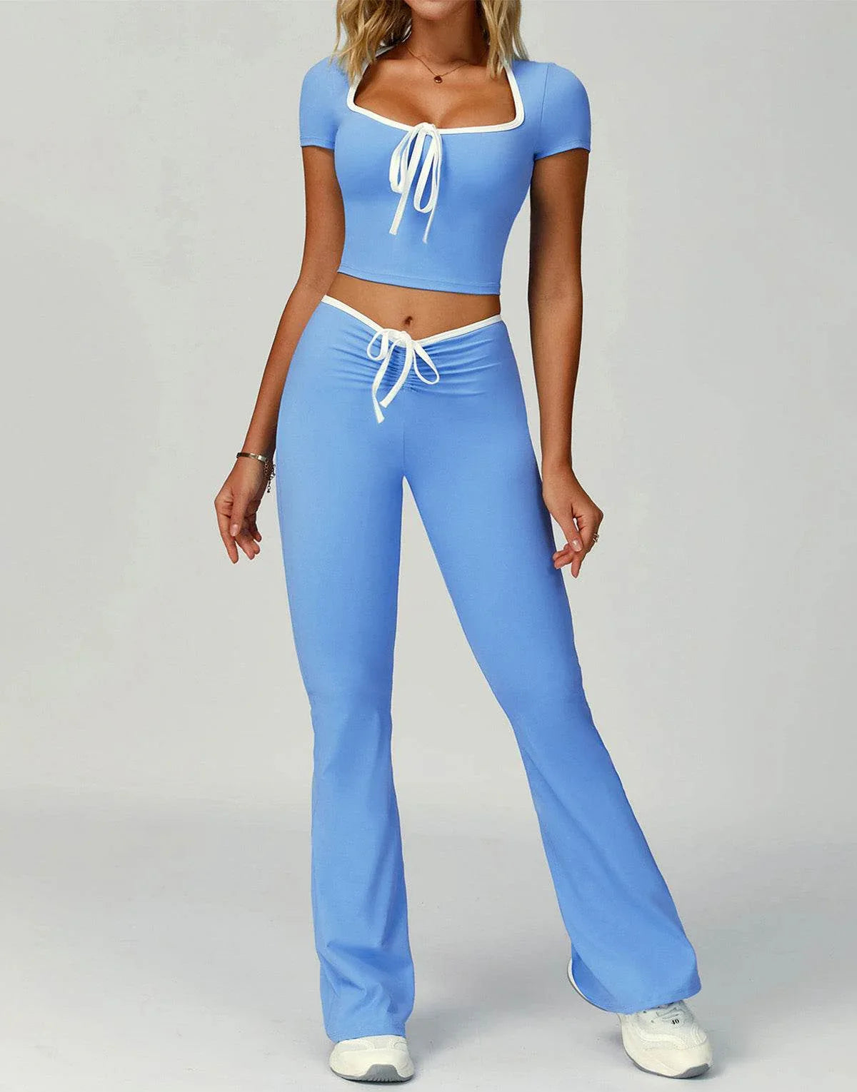 2 Pieces Activewear Set with Bow Crop Tops and Flare Pants -