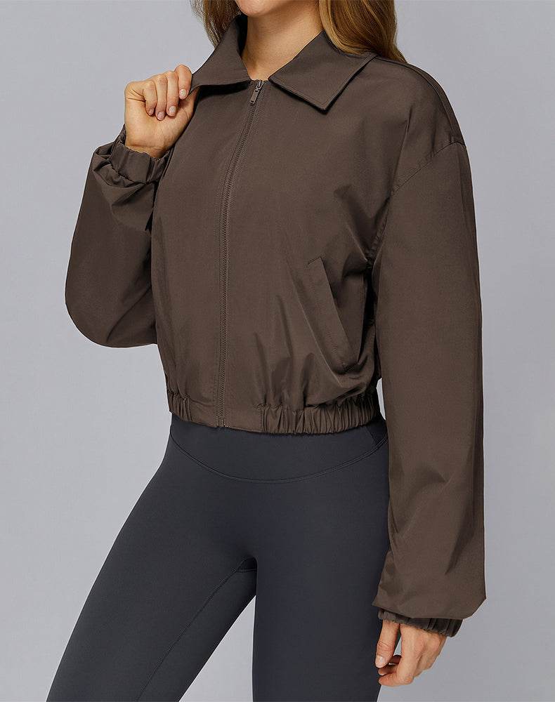 Stand Collar Casual Jacket Long Sleeve Tight Hem Crop Tops -