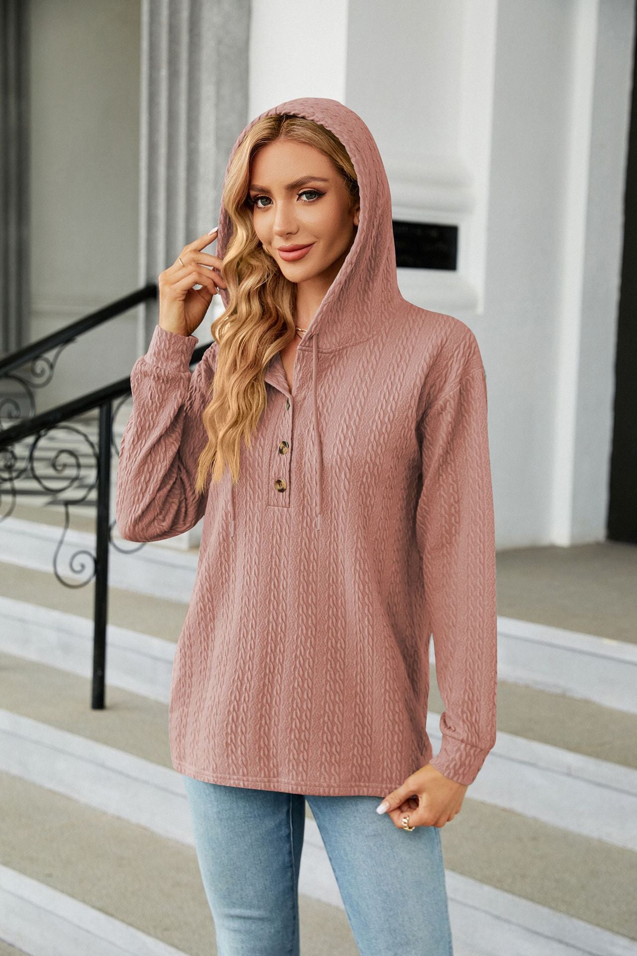 Button Hooded Sweatshirt Loose Long Sleeve Casual Tops